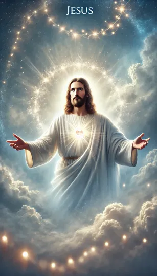 Jesus com expressão serena, de braços abertos, em um cenário celestial com nuvens suaves e luz divina ao redor.