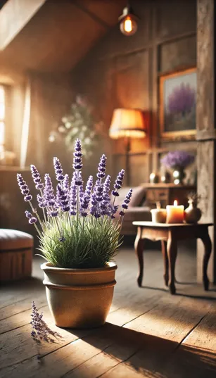 Um vaso de lavanda em plena floração, com flores roxas delicadas, em um ambiente rústico e acolhedor.