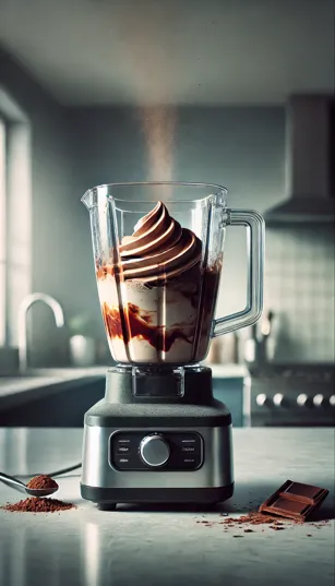 Liquidificador em funcionamento com a mistura de milkshake sendo processada.