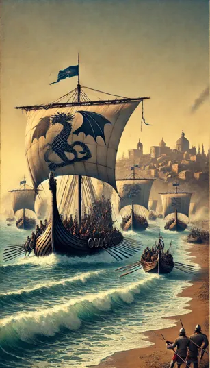 Navios vikings navegando de volta ao mar, enquanto Roma, com suas muralhas e edifícios, se destaca ao fundo, ainda de pé.