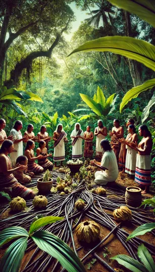 Um grupo de Totonacas realizando um ritual, com baunilha presente em suas mãos e ao redor.