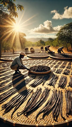 Paisagem de uma plantação de baunilha em Madagascar, com vagens sendo secas ao sol.