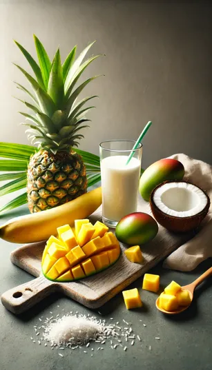 Uma mesa com frutas tropicais frescas: banana, abacaxi, manga, ao lado de um copo de leite de coco.