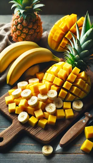 As frutas tropicais, todas cortadas em cubos, prontas para serem usadas no smoothie.