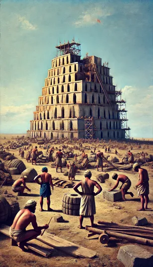 Trabalhadores erguendo uma torre colossal no meio de uma vasta planície, com andaimes e pedras empilhadas.