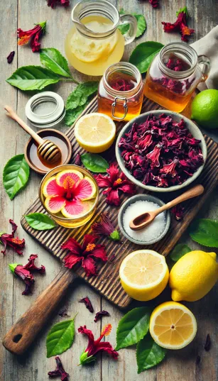 Uma mesa com flores de hibisco secas, limões frescos, um pote de mel e uma jarra de água gelada.