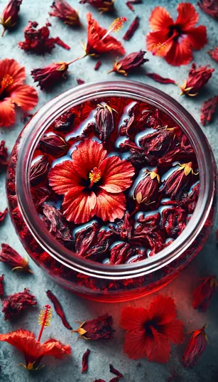 Uma jarra com água quente e flores de hibisco flutuando, soltando sua cor avermelhada.