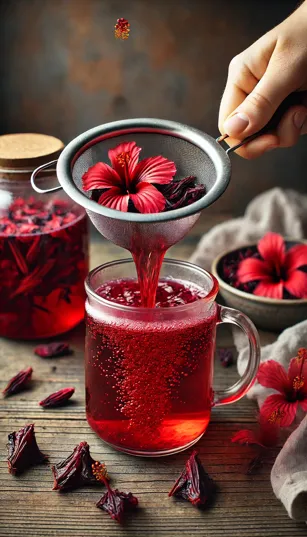 O chá de hibisco sendo coado em uma jarra, mostrando seu líquido vermelho intenso.