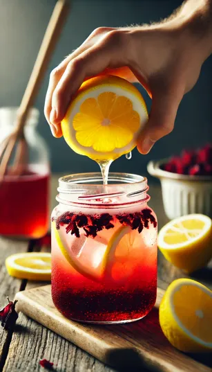 Suco de limão sendo espremido diretamente no chá gelado de hibisco.