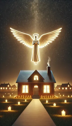 Um anjo pairando sobre uma casa iluminada, cercada por luzes celestiais.