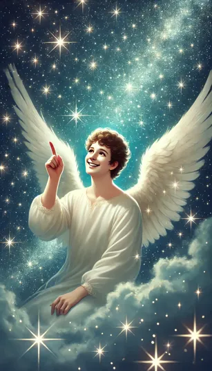 Um anjo sorridente apontando para o céu, rodeado por estrelas brilhantes.