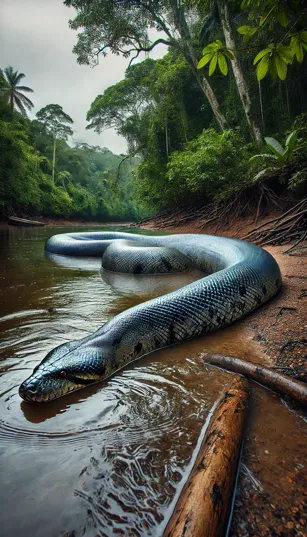 Imagem de uma sucuri gigante deslizando pela margem de um rio, com seu corpo robusto e musculoso claramente visível.