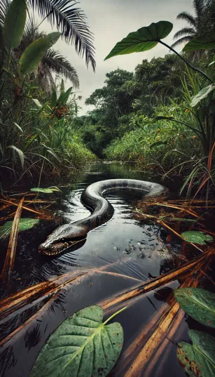 Sucuri submersa parcialmente na água escura, cercada por vegetação densa e ambiente de pântano.