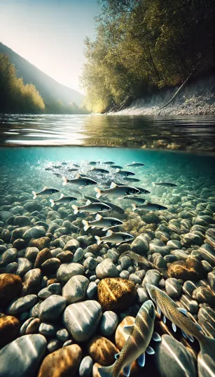 Filhotes de salmão nadando em um rio raso com pedras no fundo e águas cristalinas.