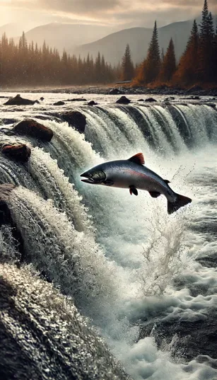 Um salmão saltando em meio a uma cachoeira, com respingos de água ao redor e a força do rio ao fundo.