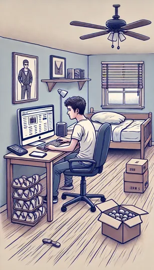 Imagem de um quarto simples com Nick Molnar em frente ao computador, organizando vendas online.