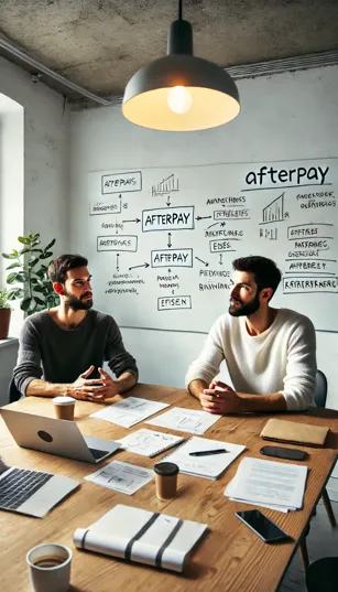 Nick Molnar com seu cofundador Anthony Eisen, em uma pequena sala de reuniões, discutindo o conceito do Afterpay.