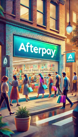 Uma vitrine de loja com o logo do Afterpay, com pessoas fazendo compras e usando o serviço de parcelamento.