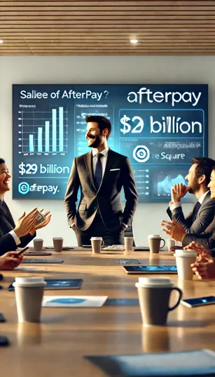 Nick Molnar em uma reunião de negócios, sorrindo, com gráficos de crescimento do Afterpay em segundo plano.