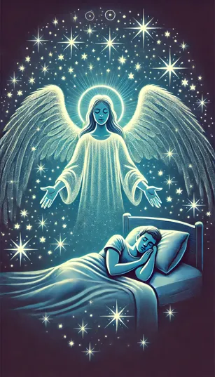 Um anjo com as mãos estendidas, cercado por estrelas, observando uma pessoa dormindo serenamente.