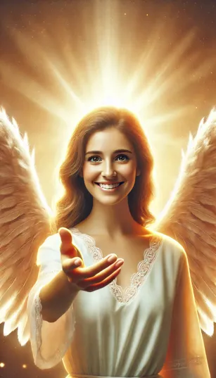 Um anjo sorridente olhando diretamente para o espectador, com um brilho acolhedor e convidativo ao fundo.