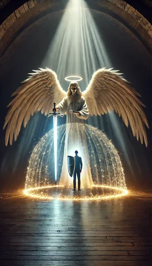 Um anjo segurando uma espada de luz, formando um escudo de proteção ao redor de uma pessoa.