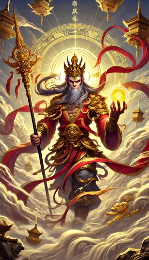 Sun Wukong em sua forma imponente, segurando um bastão dourado, com uma expressão travessa.