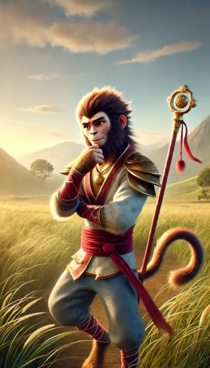 Wukong olhando para o céu, pensativo, enquanto o tempo passa.