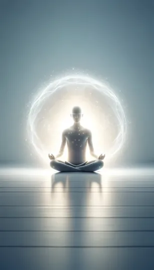 Pessoa em posição de meditação, envolvida por uma luz branca suave, simbolizando serenidade e autocuidado espiritual.